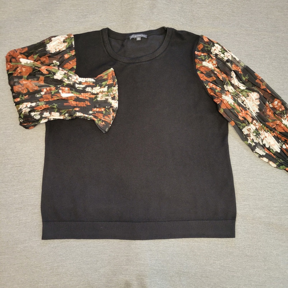 Adrianna Papell Black Floral Pleated Sleeve Sweater XL Crew Neck
